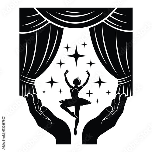 Vector art of silhouette of ballerina under stage lights and starry backdrop