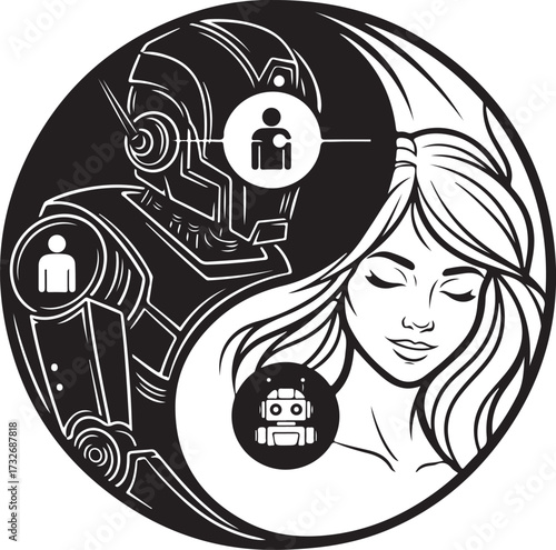 Monochrome Duality Illustration of Human and Robot Integration