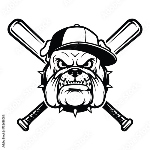Vector art of angry bulldog wearing baseball cap with crossed bats