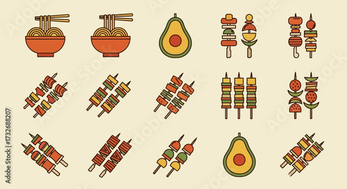 Delicious Food Icons Featuring Noodles Skewers and Avocados.