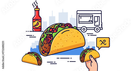 Delicious Tacos, Food Truck, and Condiments.