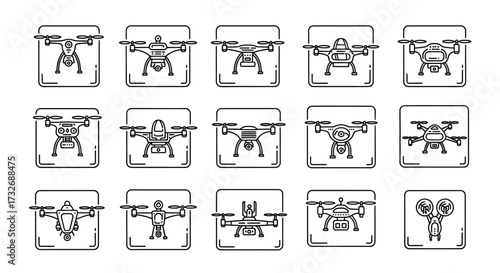 Drone illustrations in a grid pattern showcasing various designs and styles.