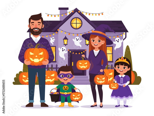 Halloween Family and Spooky Home: A family, illuminated by the glow of Halloween jack-o'-lanterns, stands before a festively decorated home.