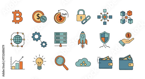 Fintech Icons - Bitcoin, Finance, Security, and Blockchain Technology.