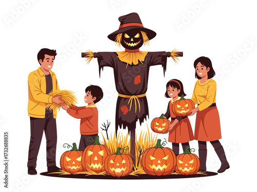 Spooky Harvest Gathering: A lively family gathers in a festive autumn tableau, arranging glowing pumpkins and a tall scarecrow, embodying the spirit of Halloween celebrations.