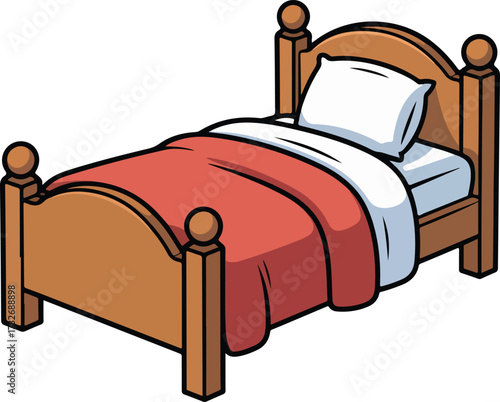 Cartoon wooden bed illustration with pillow and blanket, hand-drawn bedroom furniture clipart