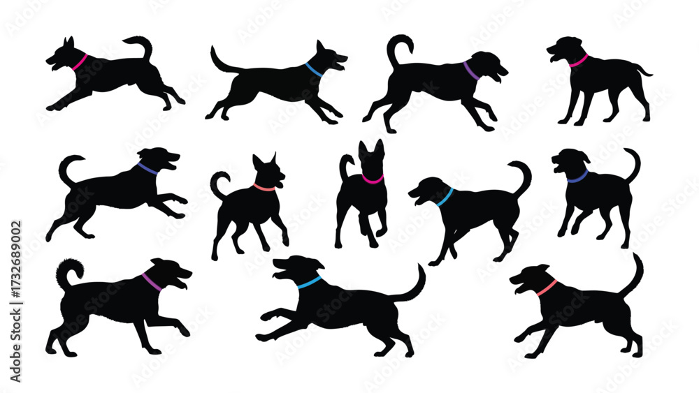 Obraz premium Dynamic Dog Silhouettes: A captivating set of various playful dog silhouettes, each with its own unique posture, demonstrating a vibrant array of canine movements, suitable for illustrative use.