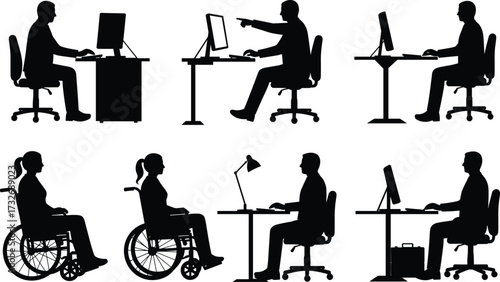 Inclusive workplace silhouettes, computer desk figures, wheelchair users, office diversity, accessibility icons, black contour, white background, minimal design, tech scene