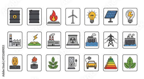 Hand drawn collection of energy and power generation icons.