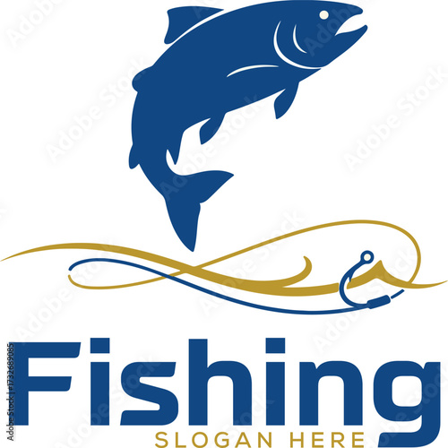 Modern Fishing Logo with Jumping Fish and Hook for Outdoors and Sport Fishing Branding