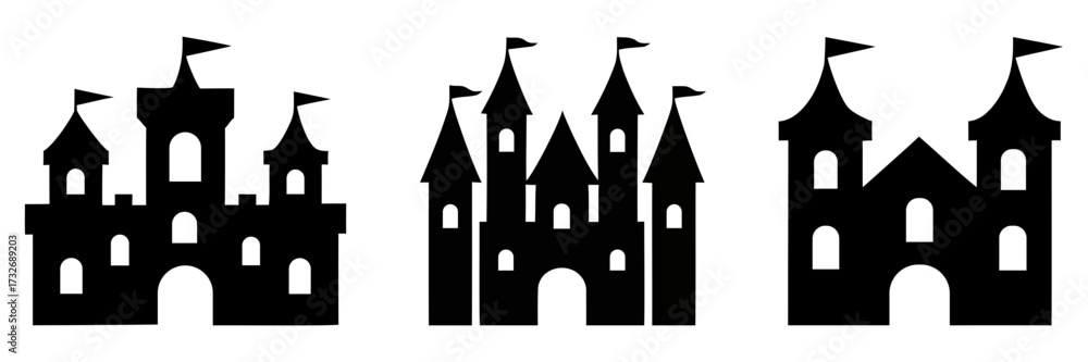 Obraz premium Collection of three black silhouette castles with flags