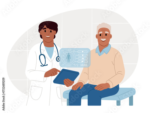 Elderly man discussing diagnosis with physician. Doctor using digital tablet with electronic health data. Medical technology. Vector illustration in flat style.
