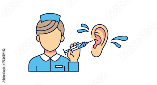 Nurse performing ear irrigation with a syringe vector icon.