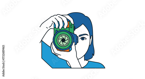 Stylized illustration of a person holding a camera and taking a picture.
