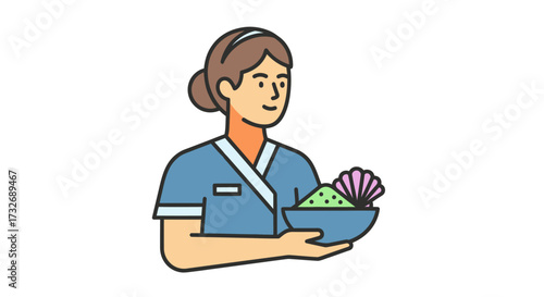 Friendly esthetician holding a bowl of green scrub and a seashell.