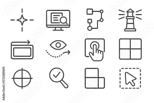 Icon tool advisor compass interface screen analyzer lens vector flow guidance icons