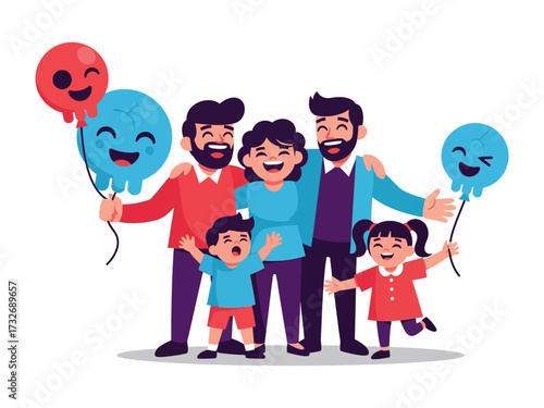 Family's Joyful Gathering with Balloons: A vibrant illustration portrays a cheerful family united, their smiles radiating warmth as they hold playful balloons, celebrating the essence of togetherness.