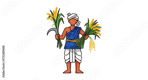 Illustration of a traditional Indian farmer holding harvested crops.