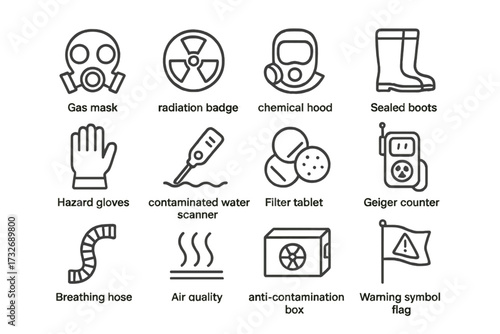 Icons hose warning sealed flag communication scanner breathing tablet icon hazard vector