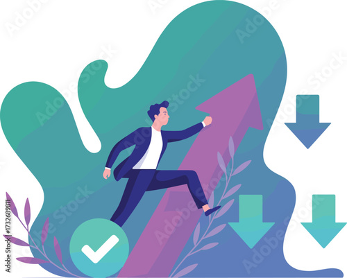 leadership overcoming challenges concept, upward arrow success graphic, professional achievement symbol for strategy, progress, motivation, and career development