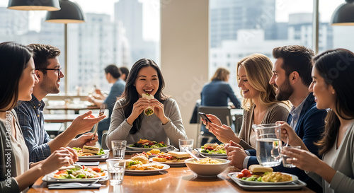 People enjoy lunch together at a brightly lit restaurant with skyline views sharing food and conversation in a convivial atmosphere