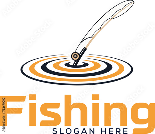 Fishing rod logo design with water ripples, professional angling and outdoor hobby vector emblem.