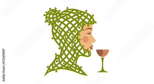 Profile of an abstract woman with green vine hair and a wine glass.
