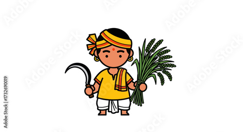 Cute Indian farmer boy cartoon holding a sickle and rice paddy.