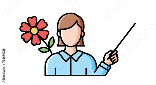 Female Botany Teacher with Pointer and Red Flower Icon.
