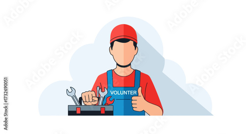 Cartoon mechanic character with toolbox and wrench giving thumbs up.