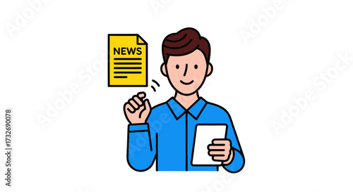 Cartoon illustration of a man presenting the latest news.