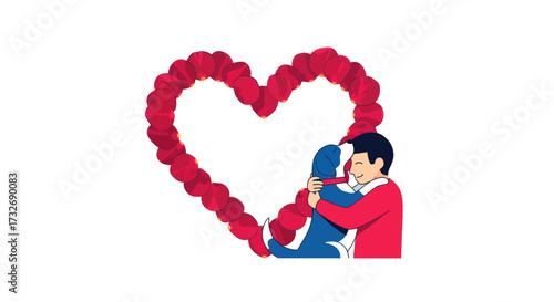 Romantic couple in a loving embrace inside a large red heart.