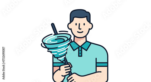Illustrated Man Holding a Toilet Plunger with Swirling Water.