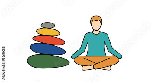 Vector illustration of a person meditating with balanced zen stones.
