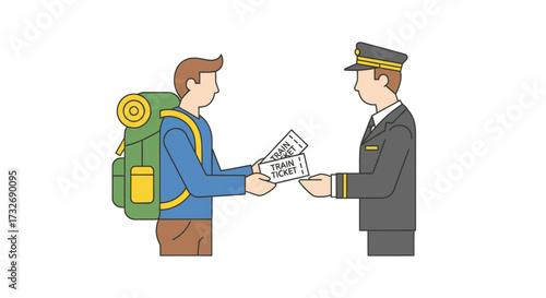 Traveler with backpack presenting tickets to a uniformed official.