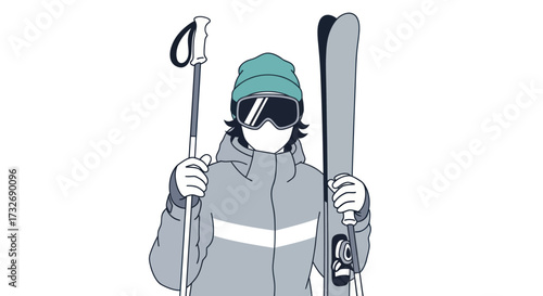 Minimalist illustration of a skier holding skis and poles.