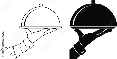 restaurant illustration, catering design, meal presentation, icon styles, silhouette cloche, outline tray, food service icon, hospitality dining graphic, restaurant catering symbol, 