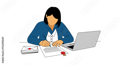 Professional woman signing an official document with a wax seal.
