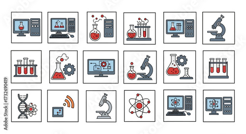 Science lab equipment icons set for research.