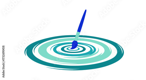 Blue paintbrush creating concentric ripples in teal paint.