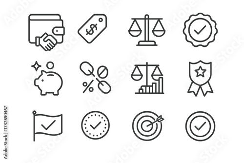 Focused integrity financial icon badge reputation balanced tracker ethics stamp flag vector
