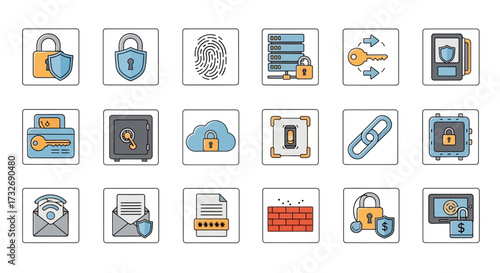 Security icons set - lock, shield, key, safe, fingerprint, data protection.