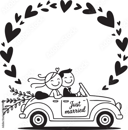 Wedding Ride: A whimsical illustration captures a just-married couple's joyful ride in a vintage convertible, surrounded by a wreath of hearts, celebrating love.