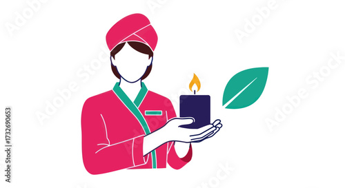 Illustration of a woman in a robe holding a candle for relaxation.