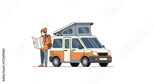 Solo traveler with a map planning an adventure next to a camper van.