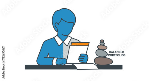 Illustration of a person analyzing a balanced investment portfolio.