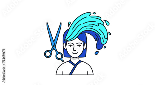 Creative Haircut Concept with Water Wave Hair and Shears.