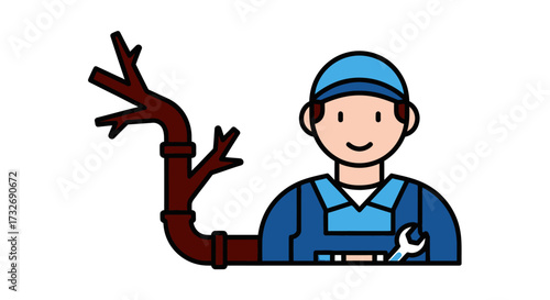 Plumber with wrench fixing a pipe clogged with tree roots.