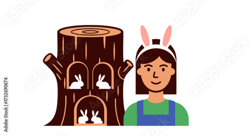 Woman with bunny ears and rabbits in a tree stump home.