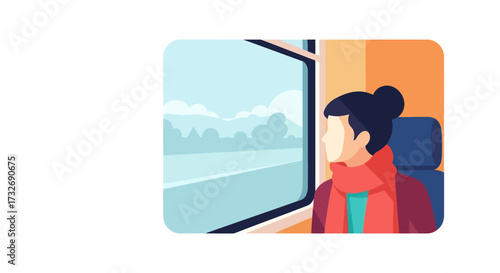 A woman in a red coat looking out a train window.
